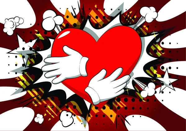 Vector Mano Dibujos Animados Abrazando Corazón Rojo Signo Ilustrado Fondo — Vector de stock