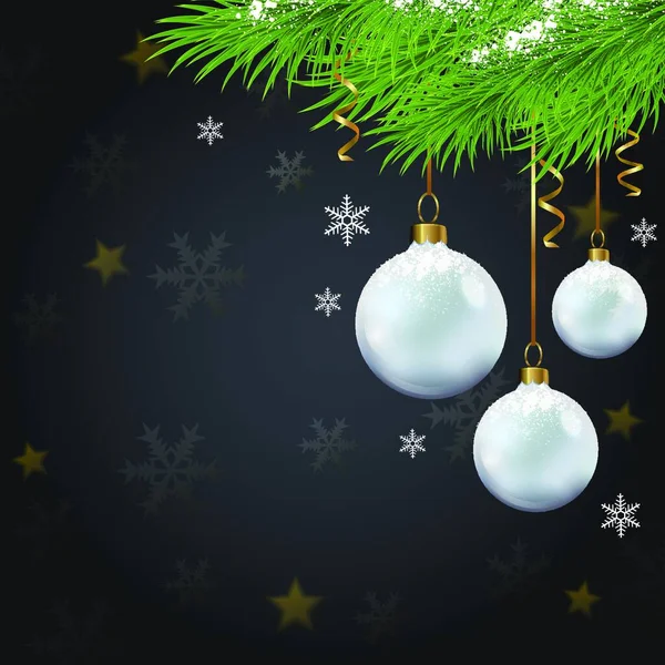 Karácsonyi Üdvözlőlap Zöld Fenyőággal Fehér Dekorációval Fekete Háttérrel Vektorillusztráció — Stock Vector
