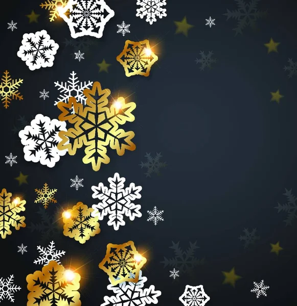 Zwarte Kerstachtergrond Met Gouden Witte Sneeuwvlokken Ontwerp Voor Kerstkaart — Stockvector