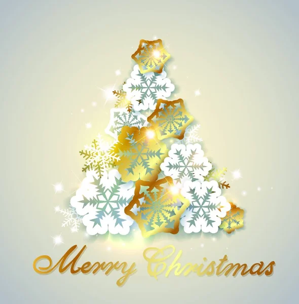 Fond Noël Avec Des Flocons Neige Papier Doré Blanc Arbre — Image vectorielle
