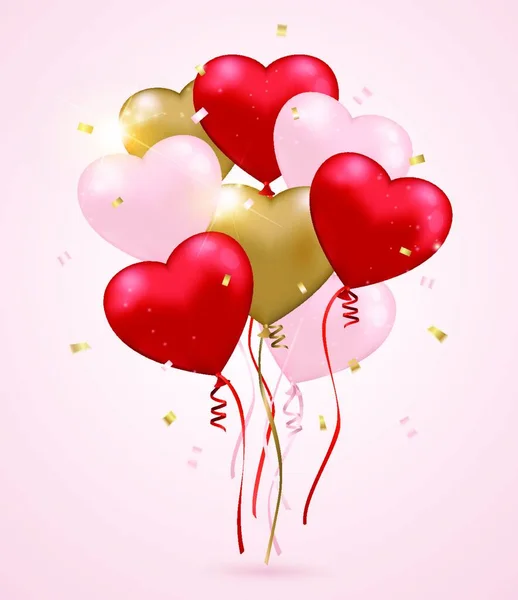 Rode Roze Gouden Hartballonnen Een Roze Achtergrond Valentijnsdag Wenskaart — Stockvector