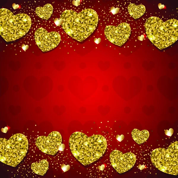 Fond Rouge Vectoriel Abstrait Avec Des Cœurs Dorés Brillants Carte — Image vectorielle