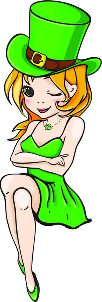 Hermosa Chica Con Vestido Verde Sombrero Fondo Blanco Character Patrick — Archivo Imágenes Vectoriales
