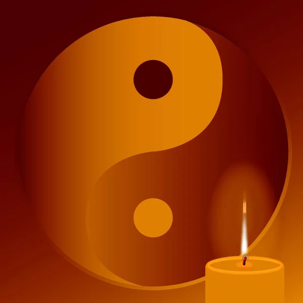 Una Vela Naranja Ardiendo Frente Símbolo Budista — Vector de stock
