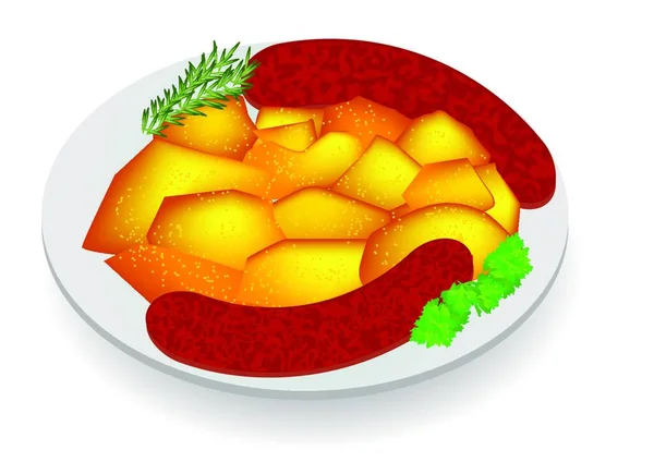 Pommes Terre Avec Saucisse Isolée Sur Fond Blanc — Image vectorielle