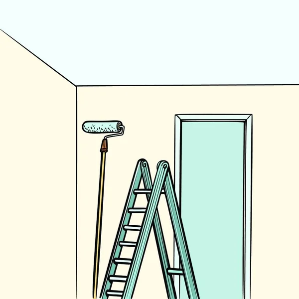 Ladder Reparatie Verfroller Striptekenfilm Pop Kunst Retro Vector Illustratie Tekening — Stockvector