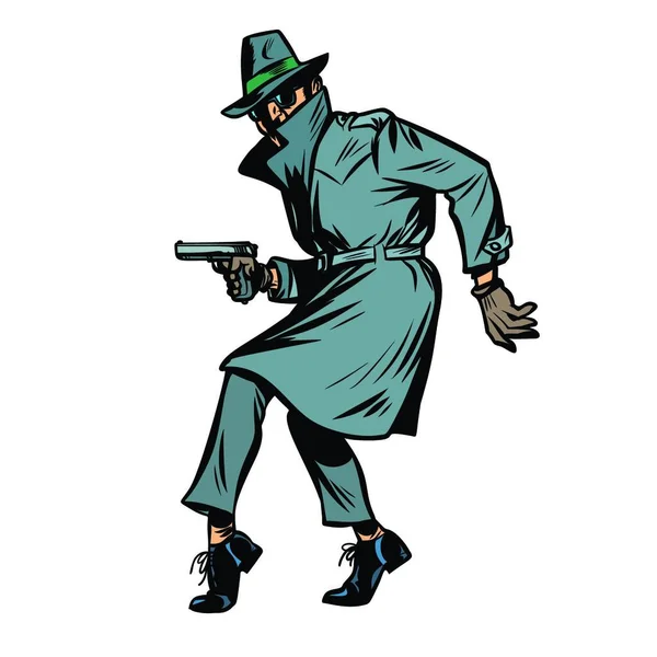 Detective Spy Man Gun Pose Isolate White Background Comic Cartoon — Stock Vector