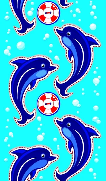 Seamless Sea Vertical Border Dolphins Buttons — Stock Vector