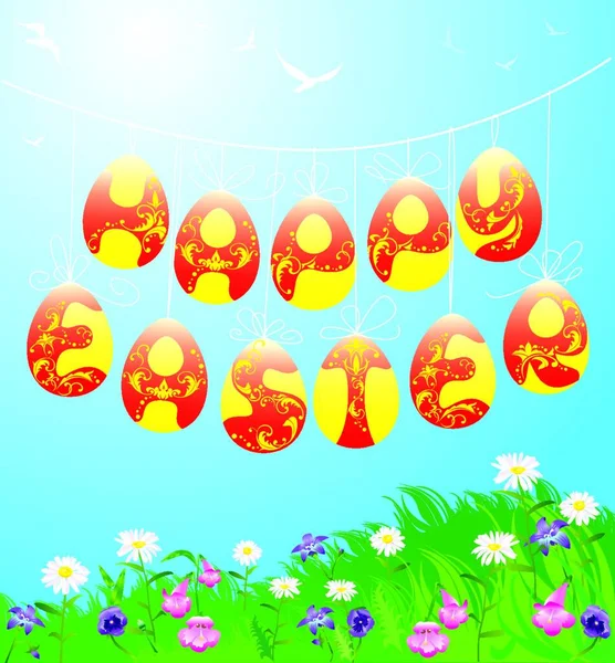 Hanging Easter Eggs Spring Blue Sky Background — Stock Vector