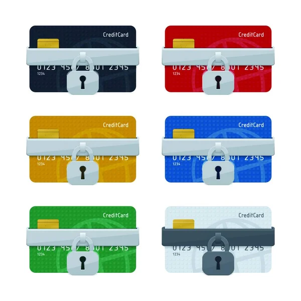 オンラインショッピング取引のセキュリティコンセプト 白い背景に南京錠とクレジットカードのアイコン 金融概念設計 — ストックベクタ