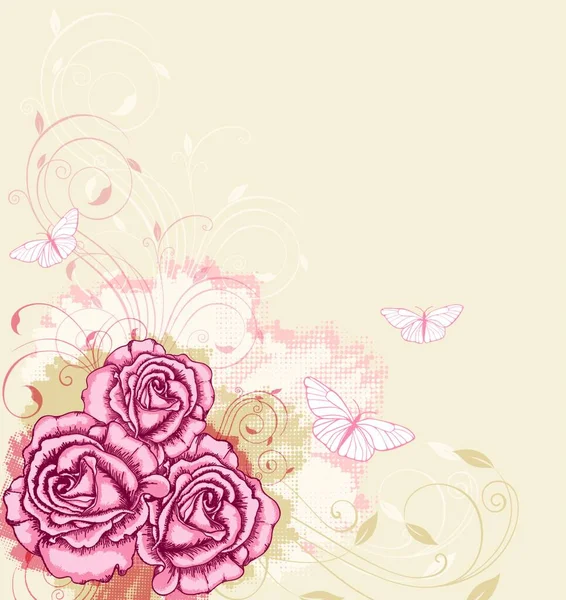 Vector Decorative Background Pink Roses Butterflies — Stock Vector