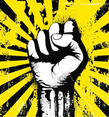 Vector illustration of clenched fist held high in protest on the yellow grunge urban background clipart