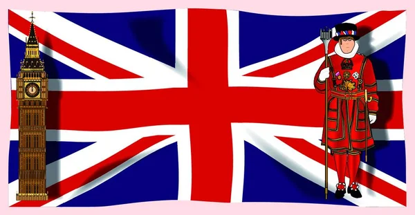 イギリスのユニオンジャックの旗ビッグ ベンとビーフターと影 — ストックベクタ