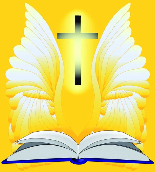 Une Bible Ouverte Entourée Lumière Ange Gardien Crucifix — Image vectorielle