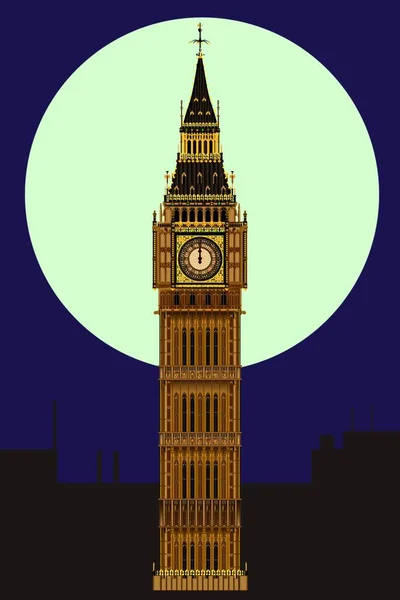 Londyński Punkt Orientacyjny Big Ben Clocktower Północy Przy Pełni Księżyca — Wektor stockowy