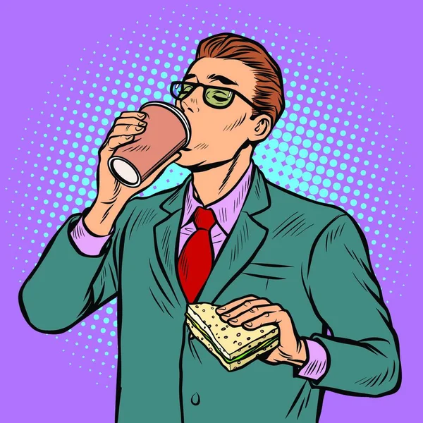 Człowiek Pijący Kawę Jedzący Kanapki Pop Art Retro Wektor Ilustracja — Wektor stockowy