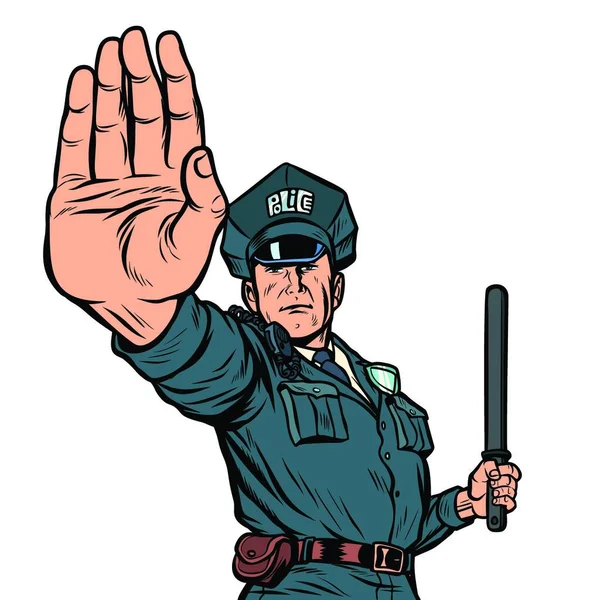 警官停止手势 在白色背景上隔离 流行艺术还原矢量插图Kitsch年份 — 图库矢量图片