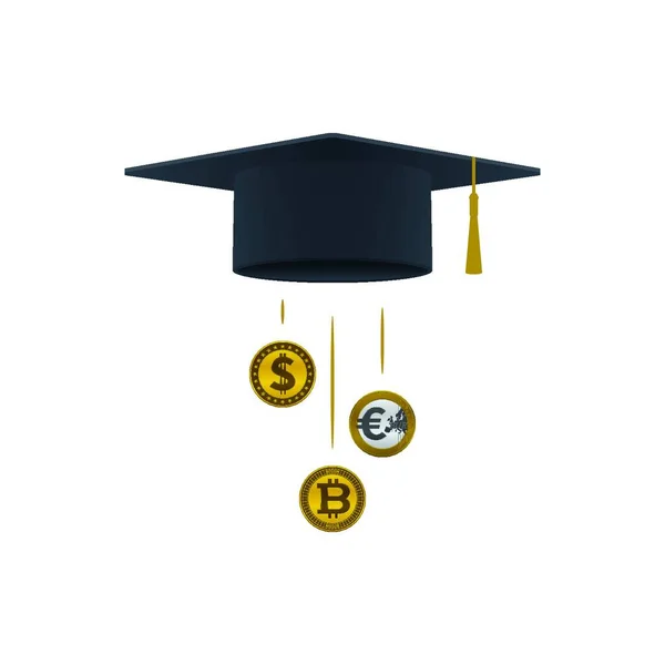 Onderwijs Ondersteuning Pictogram Met Dollarmunt Euromunt Bitcoin Graduatie Cap Witte — Stockvector