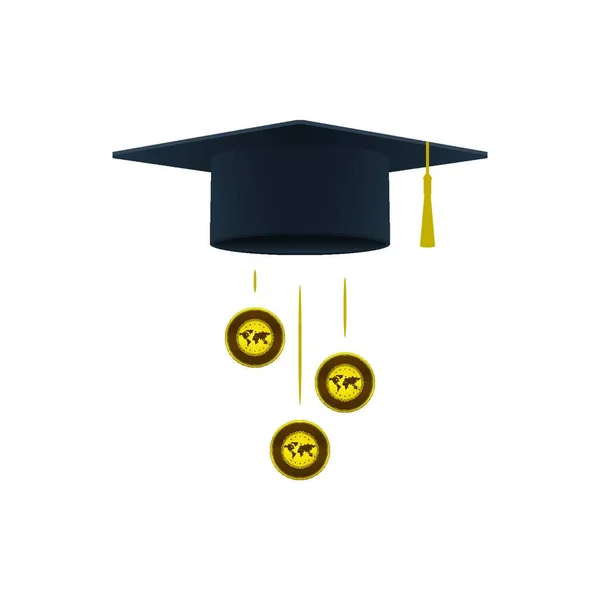Education support icon with golds and graduation cap on white background. Educational and financial concept design.