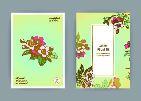 Ботанічна Весільна Листівка Шаблонний Дизайн Намальовані Вручну Квіти Сакури Листя — стоковий вектор