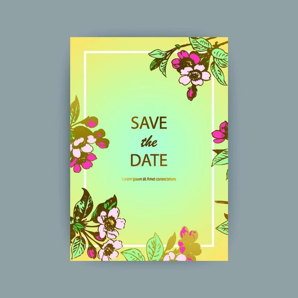 Botanical Boda Invitación Tarjeta Plantilla Diseño Dibujado Mano Flores Sakura — Archivo Imágenes Vectoriales