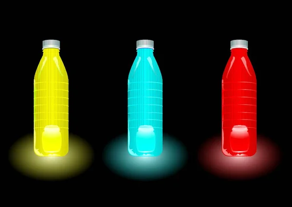 Tres Botellas Jugo Diferentes Colores Colocadas Sobre Fondo Negro — Archivo Imágenes Vectoriales