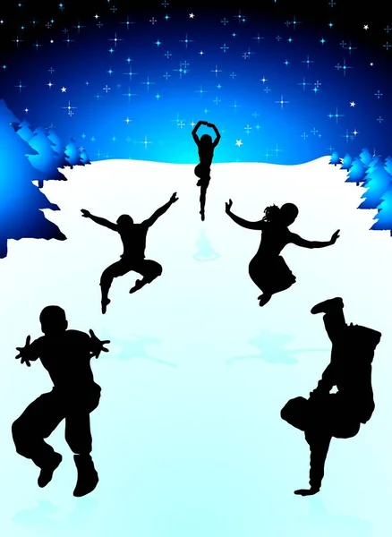 Fünf Menschen Feiern Den Schneefeldern Unter Einem Klaren Winterhimmel — Stockvektor