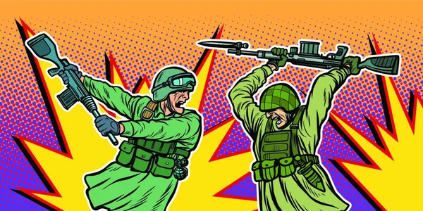 Guerra Odio Soldati Uccidono Vicenda Pop Art Retro Vettore Illustrazione — Vettoriale Stock