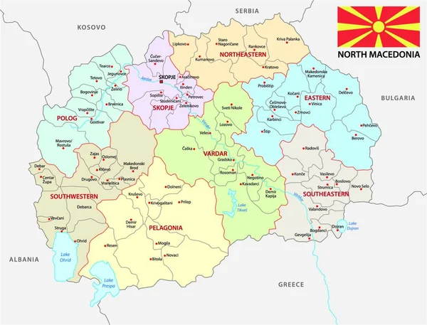 Bayraklı Kuzey Macedonia Idari Siyasi Vektör Haritası — Stok Vektör