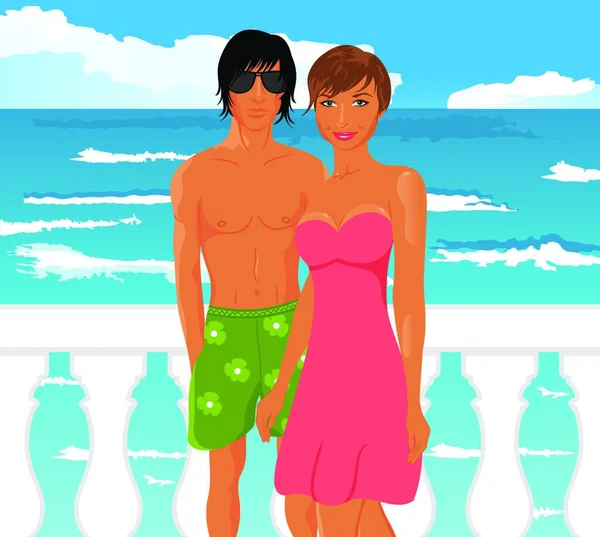 Illustration Jeune Couple Sur Quai Mer Vecteur — Image vectorielle