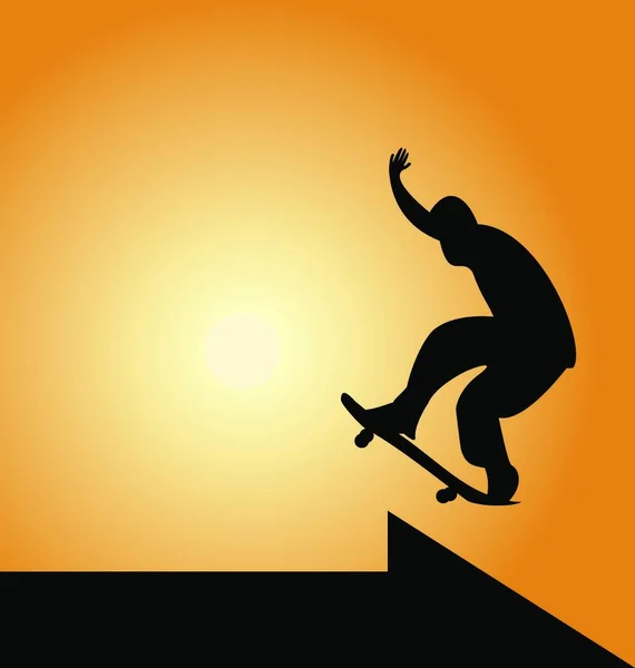 Ilustración Skateboard Silueta Negra Flecha Sobre Fondo Puesta Sol Vector — Vector de stock