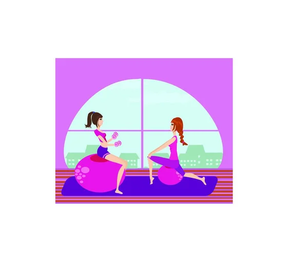 Two Girls Exercising Pilates Fit Balls — Stock Vector