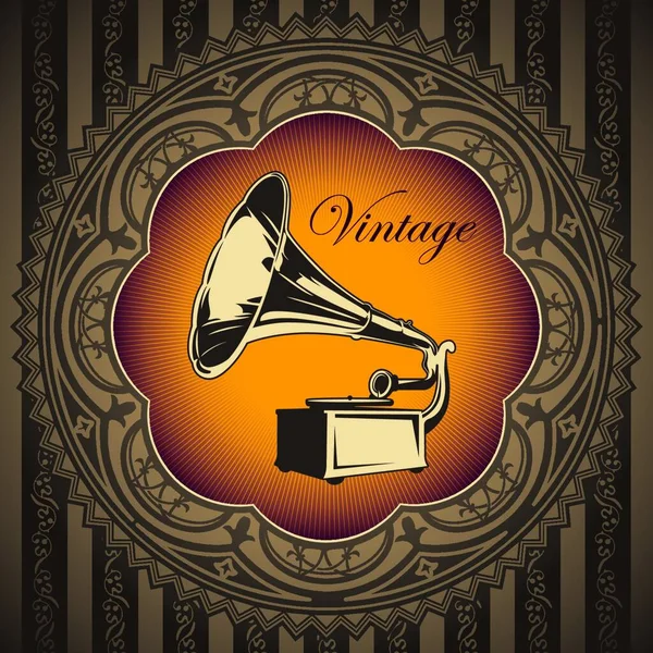 Gramophone Vintage Avec Fond Rétro Doré — Image vectorielle