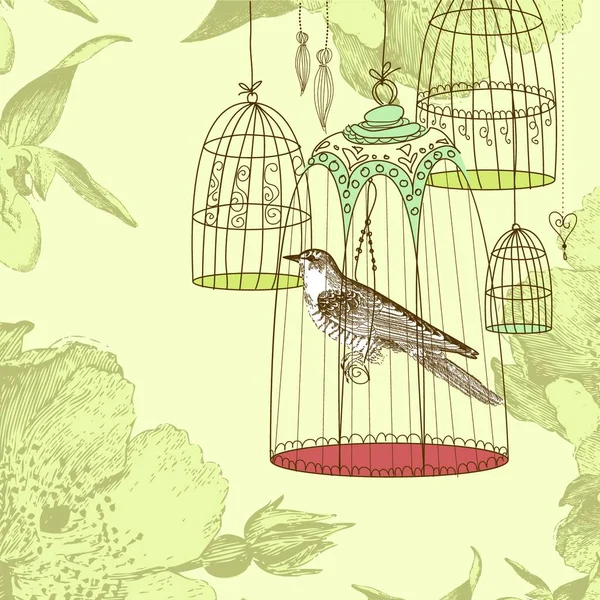 Carte Vintage Avec Oiseau Dans Cage — Image vectorielle