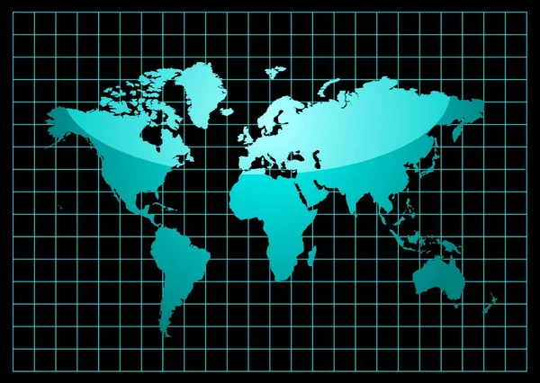 Siyah Zemin Üzerinde Işık Yansıması Izgarası Olan Mavi Dünya Haritası — Stok Vektör