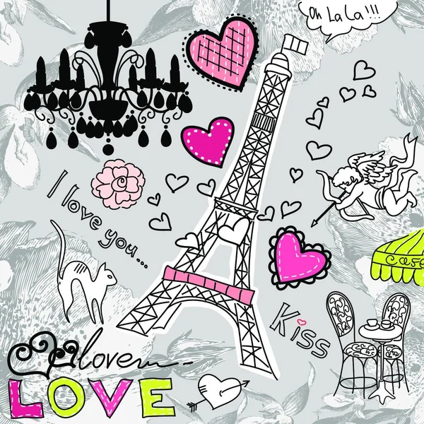 Amor Paris Doodles —  Vetores de Stock