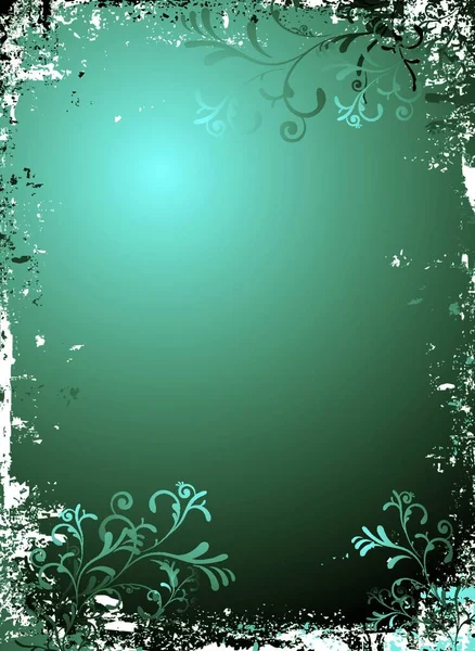 Grön Grunge Bakgrund Med Blommig Effekt Och Sliten Gräns — Stock vektor