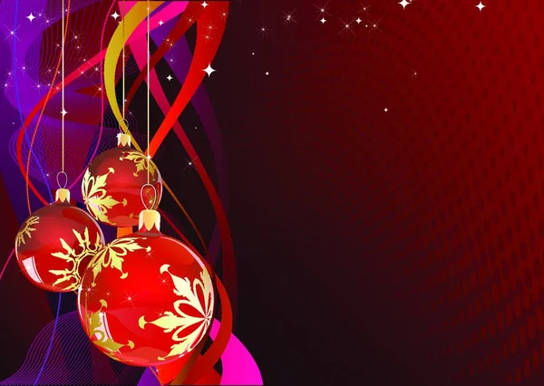 抽象的な線の背景にクリスマス ボールと赤の休日カードのベクトル イラスト — ストックベクタ