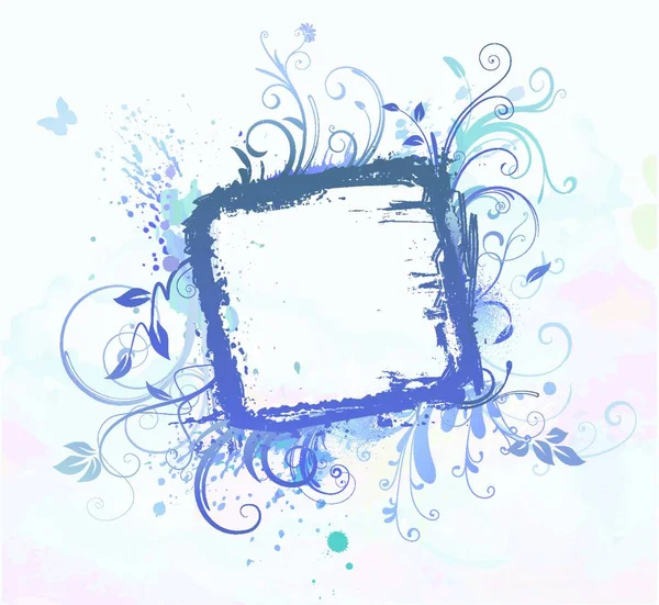 矢量插画的蓝色 Grunge 风格花卉装饰框架 — 图库矢量图片