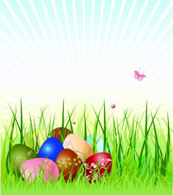 Vector illustration of Easter eggs on the beautiful green grass background. The edds are decorated with floral elements. clipart