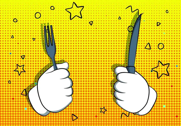 Vektor Kreslené Rukou Zvedl Nůž Vidličku Ilustrované Gesto Ruky Pozadí — Stockový vektor