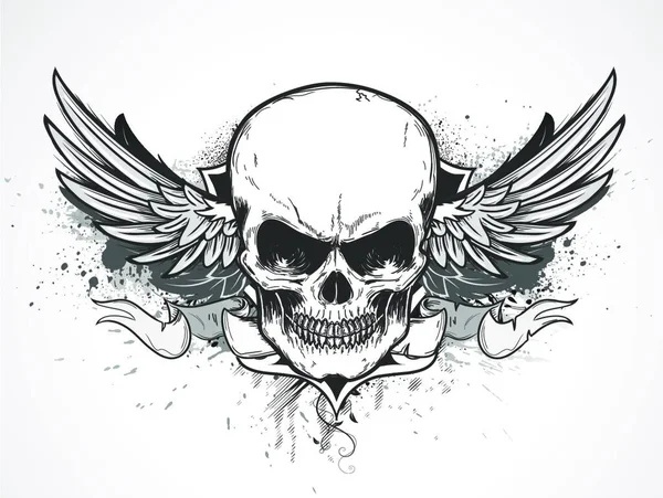 Dupla Szárnyas Emberi Koponya Banner Grunge Háttér Vektor Illusztráció — Stock Vector