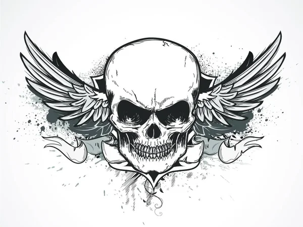 Vector Illustration Double Winged Human Skull Banner Grunge Background — Stock Vector