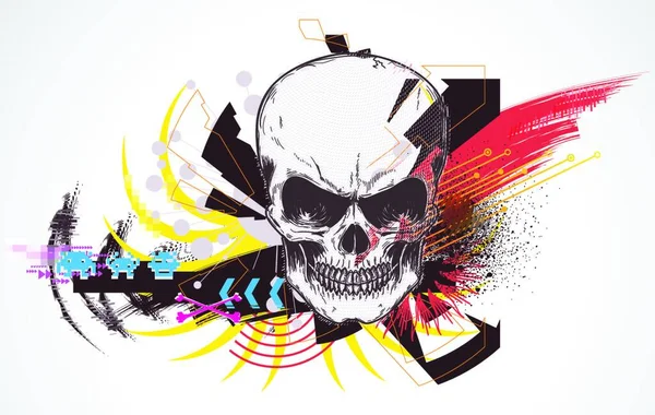Kentsel Arka Plan Renkli Grunge Tasarım Öğeleri Detaylı Insan Kafatası — Stok Vektör