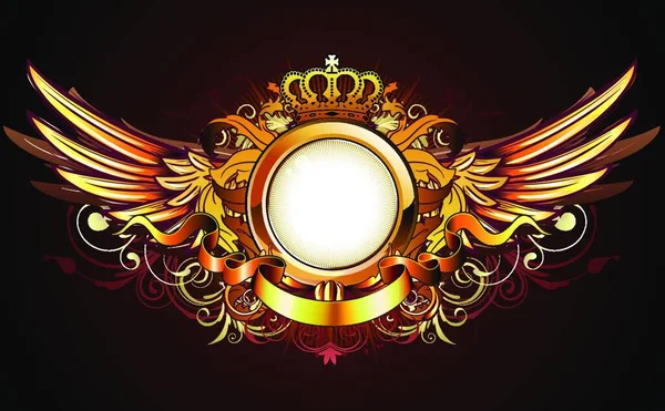 Векторная Иллюстрация Геральдической Золотой Рамы Знака Короной Крыльями Баннерами Цветочными — стоковый вектор