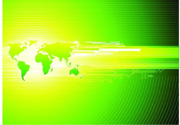 光沢のある世界地図と緑の抽象的なハイテクの背景のベクトル イラスト — ストックベクタ
