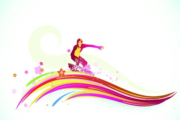 Vector Illustration Summer Background Surfer Riding Huge Abstract Wave — Stock Vector