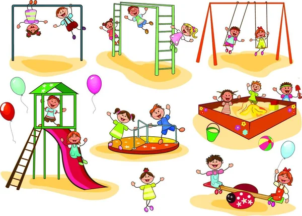 Glückliche Kinder Spielen Auf Dem Spielplatz Fröhliche Kleine Kinder Eine — Stockvektor