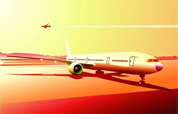 Vector Illustration Detailed Airplane Urban Airport Scene Retro Style — Stock Vector