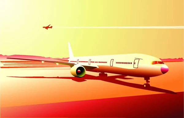 Ilustración Vectorial Avión Detallado Escena Del Aeropuerto Urbano Estilo Retro — Archivo Imágenes Vectoriales